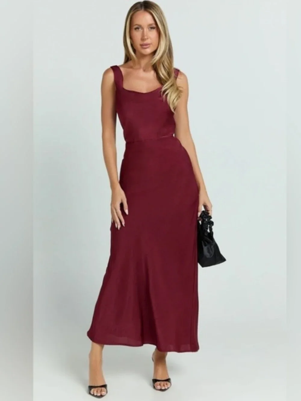 Dara Midi Dress - Low Neck Sleeveless Slip Dress in Wine Dara Midi Dress - Low Neck Sleeveless Slip Dress in Wine